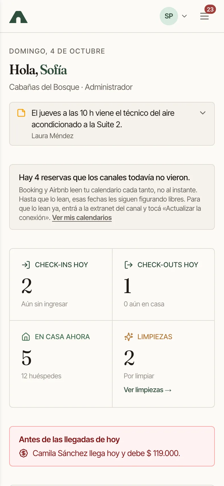 Inicio del administrador en el celular