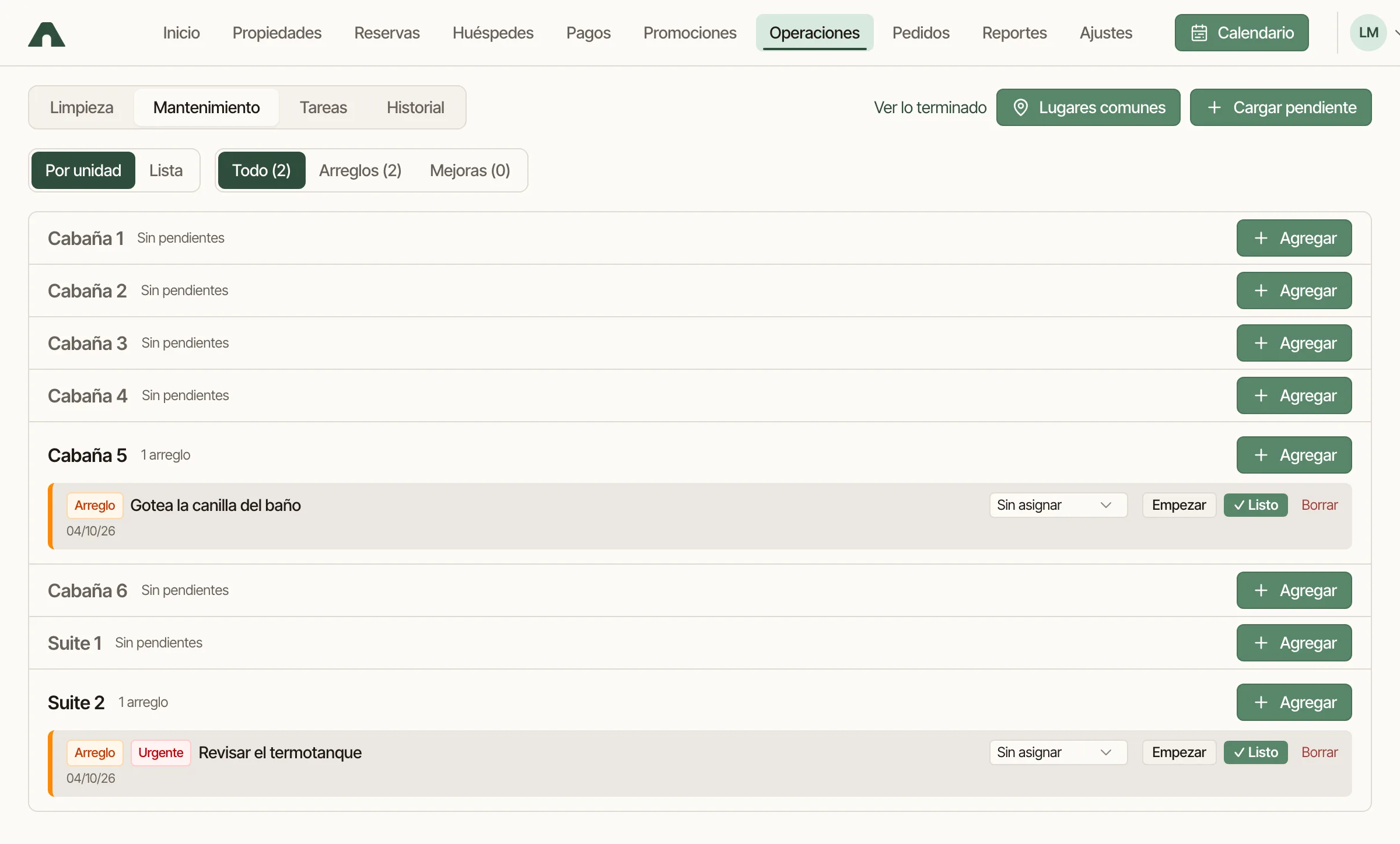 Lista de reparaciones pendientes por habitación