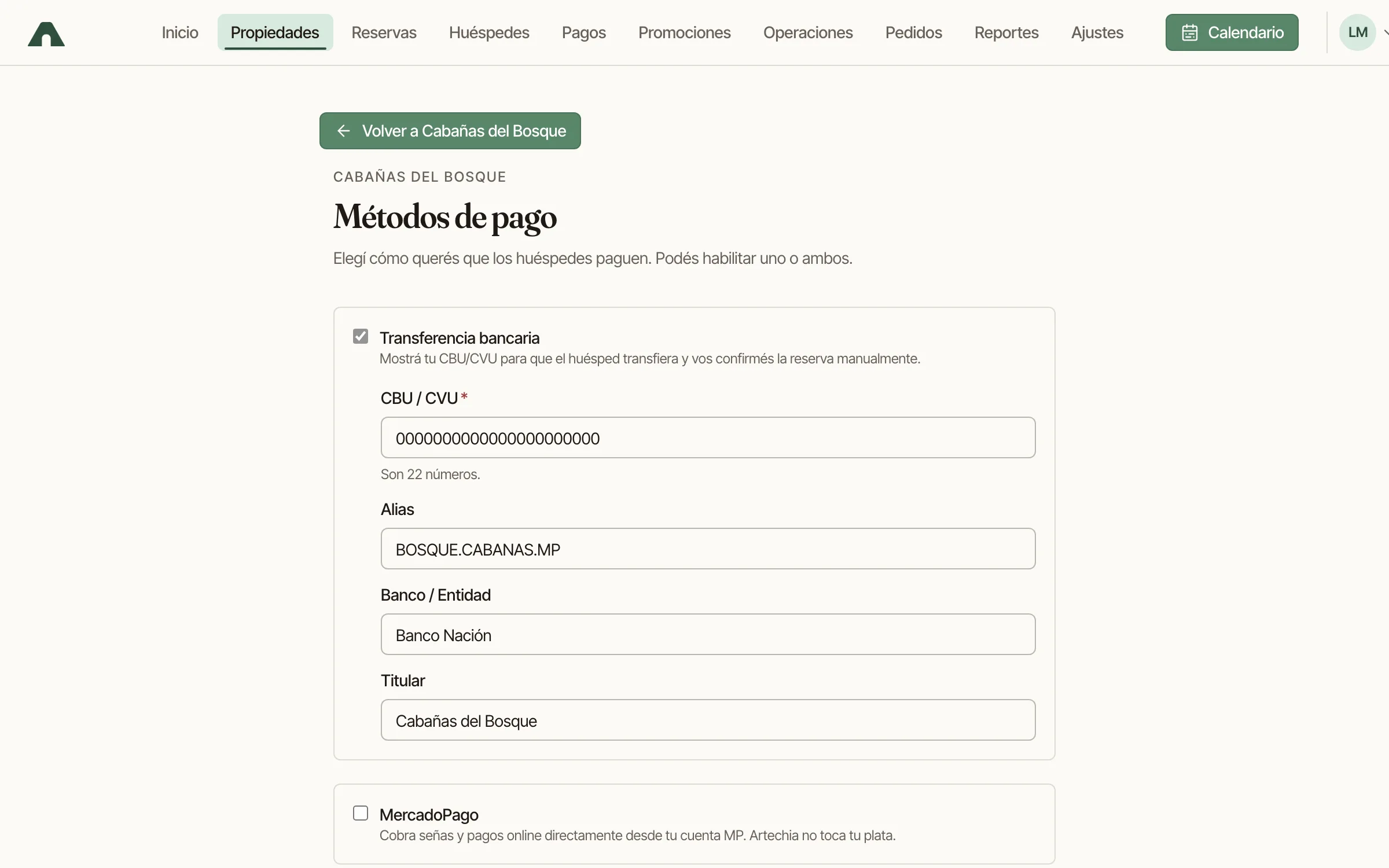 Configuración de los medios de pago: transferencia, MercadoPago, tarjeta y coordinar con el alojamiento