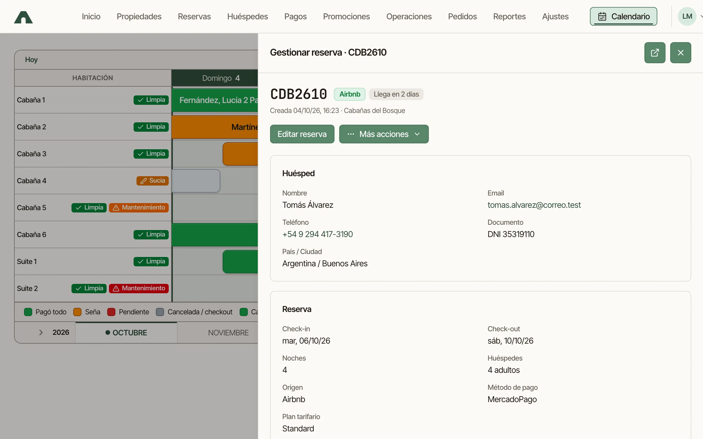Ficha de una reserva abierta desde el calendario