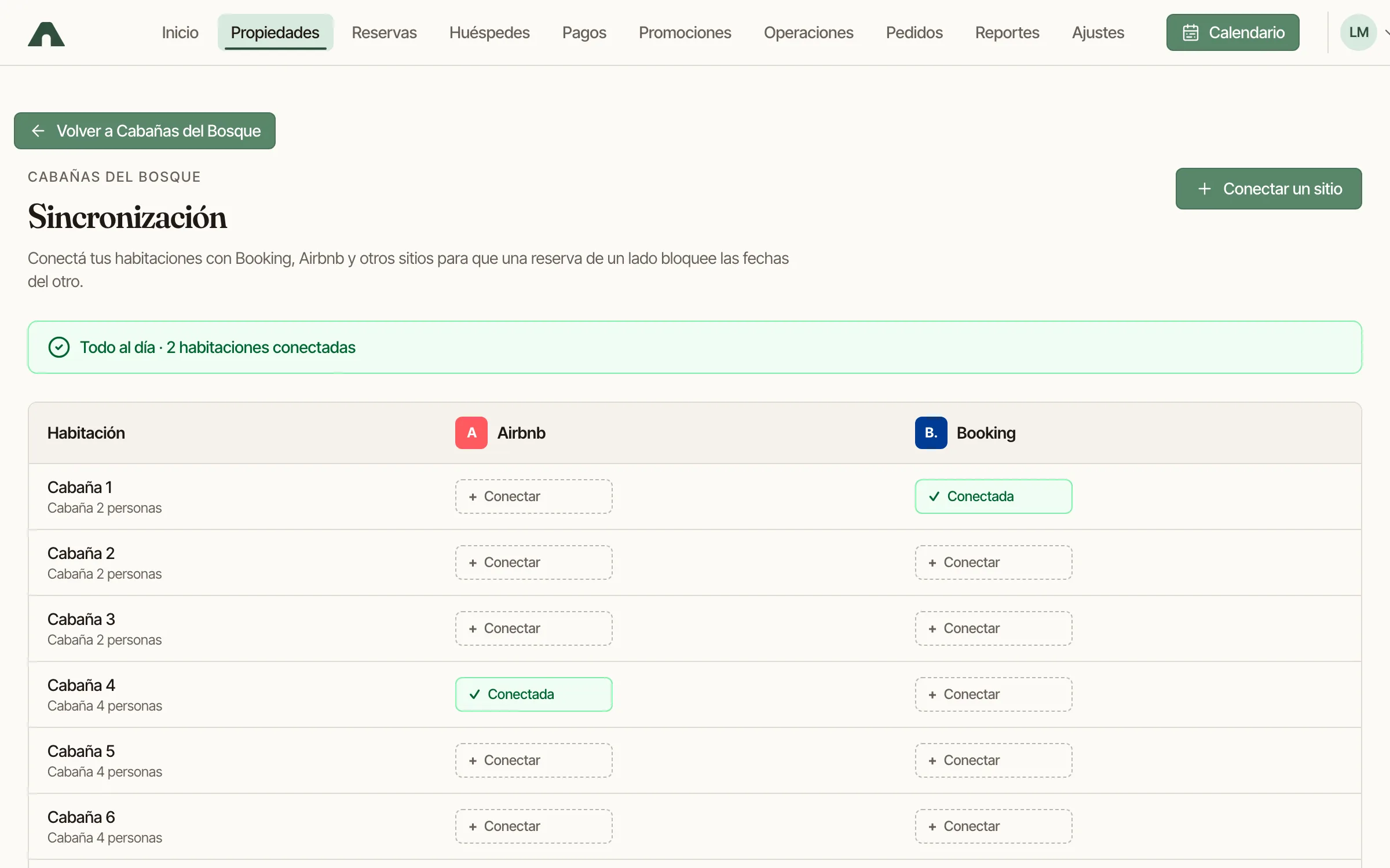 Tabla de conexiones con Booking y Airbnb por habitación