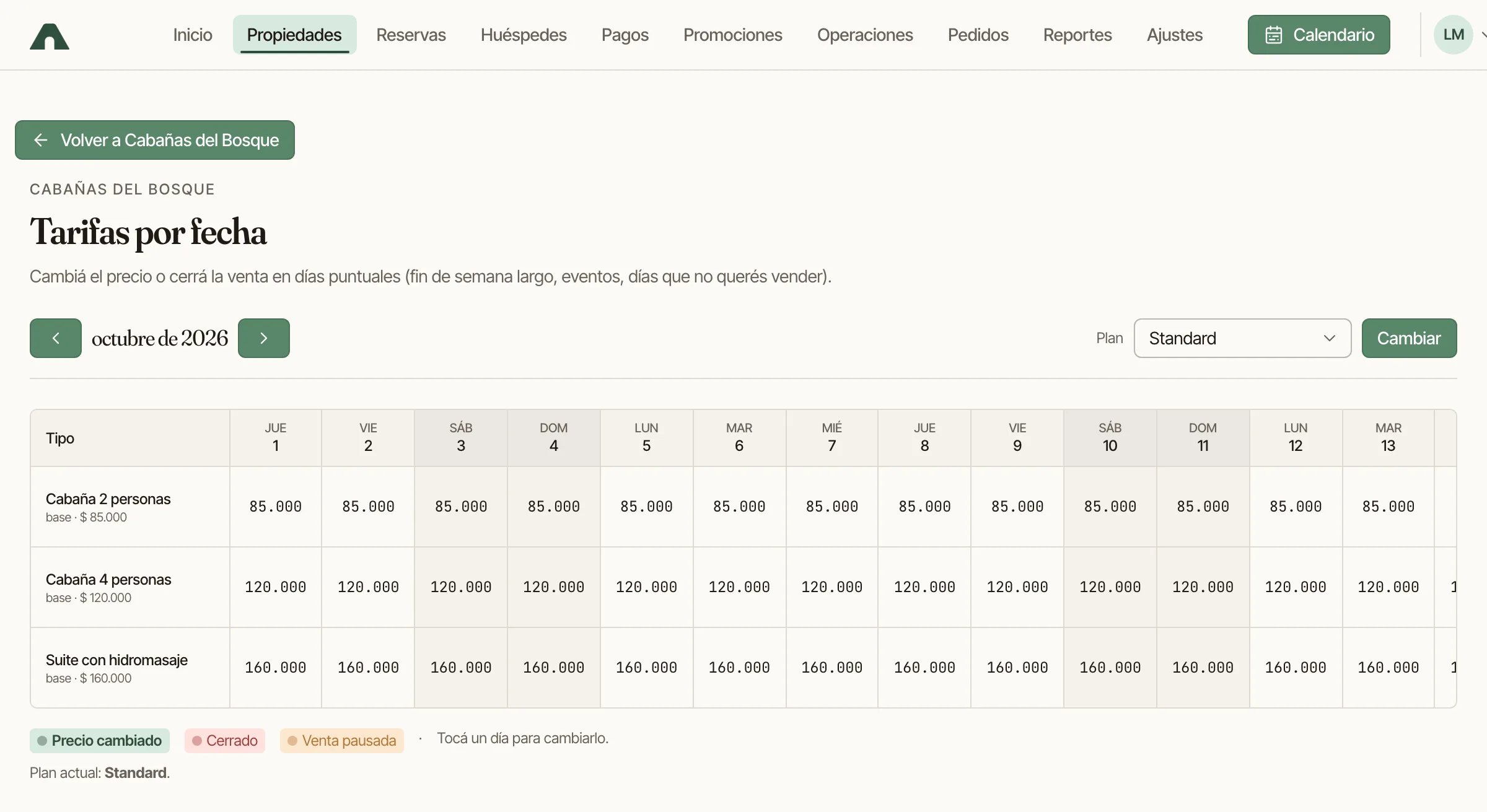 Tarifas por fecha en una vista mensual